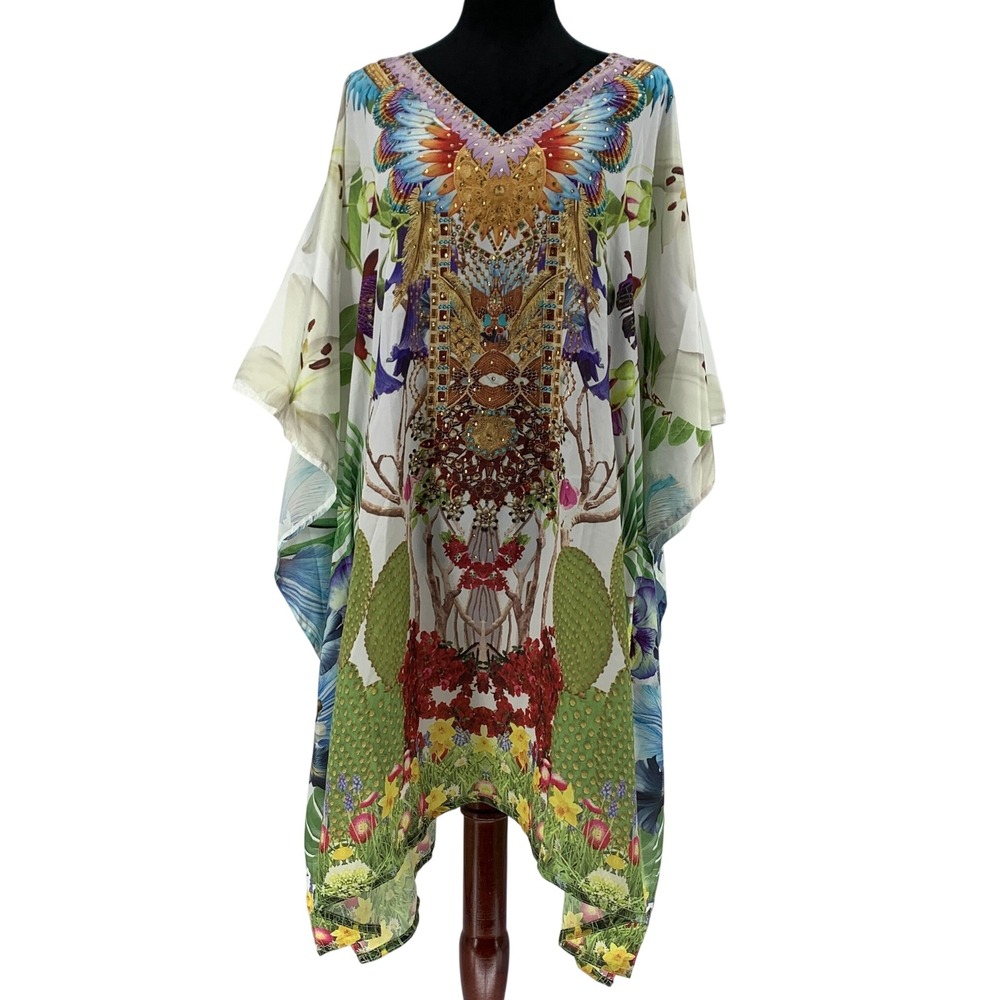 Nazila Couture Silk Blend Kaftan Rhinestone Tropical Print One Size NWT